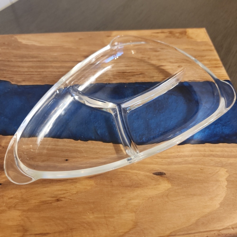 Vintage Mid-Century Modern Boomerang Divided Serving Relish Glass Dish Clear